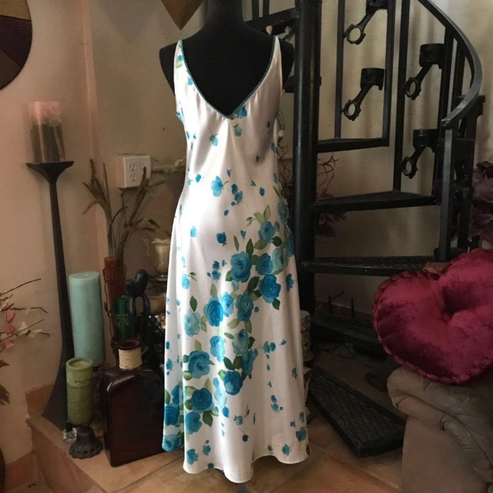 Vintage Satin Green Blue Floral Long Slip Dress Nightgown Robe - Picture 4 of 7